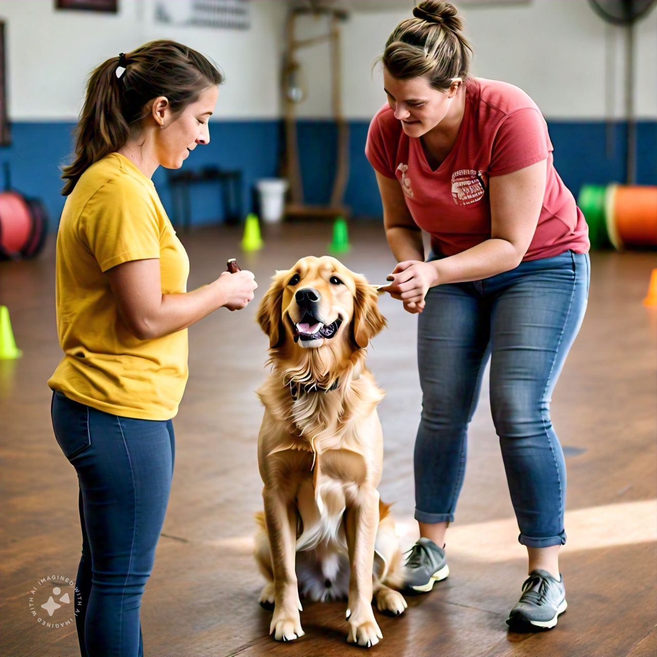 A dog responding to basic commands like "sit" and "stay" during a training session with its owner.